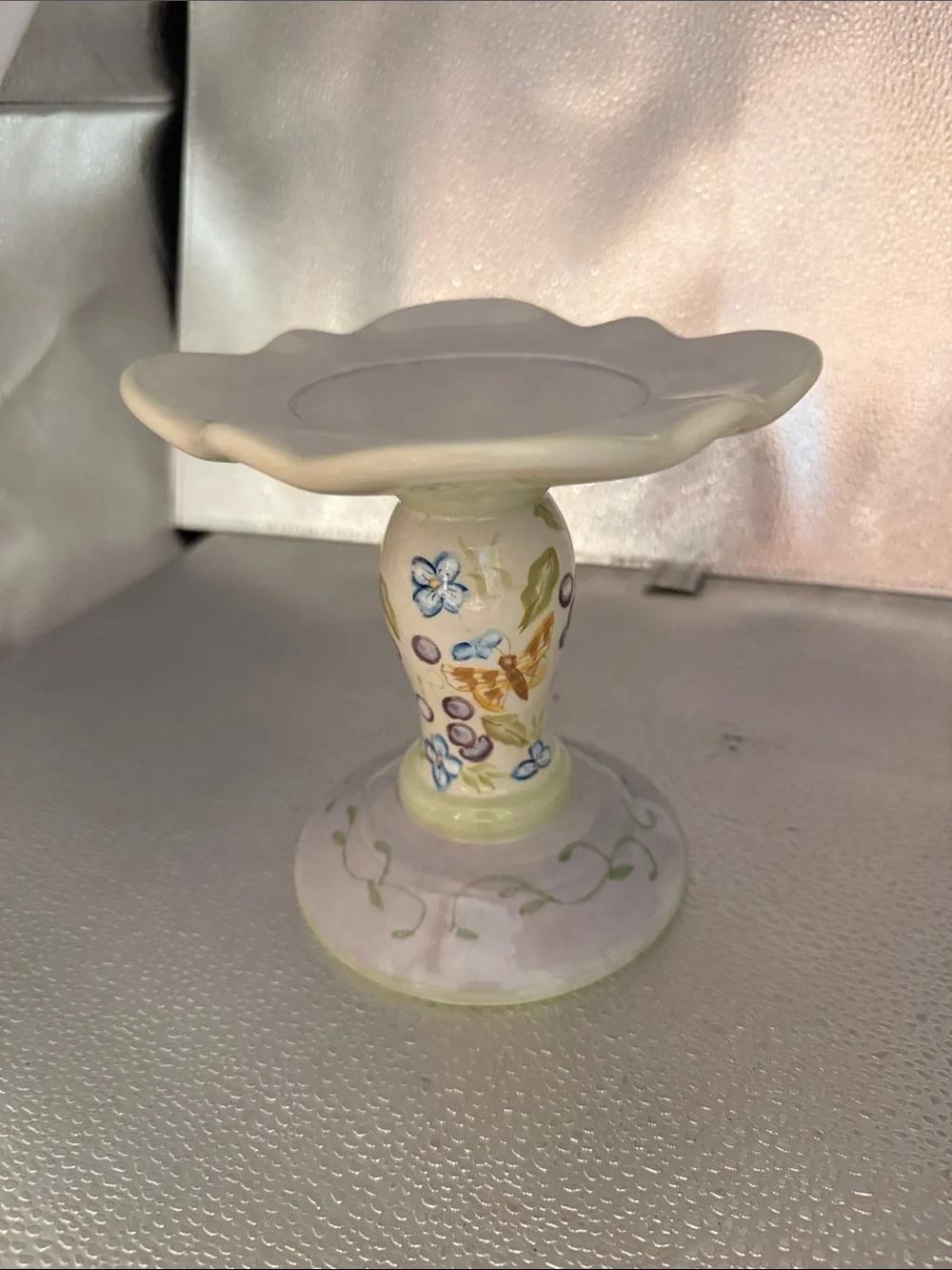 Hand-Painted Floral Ceramic Pillar Candle Holder in Soft Pastels